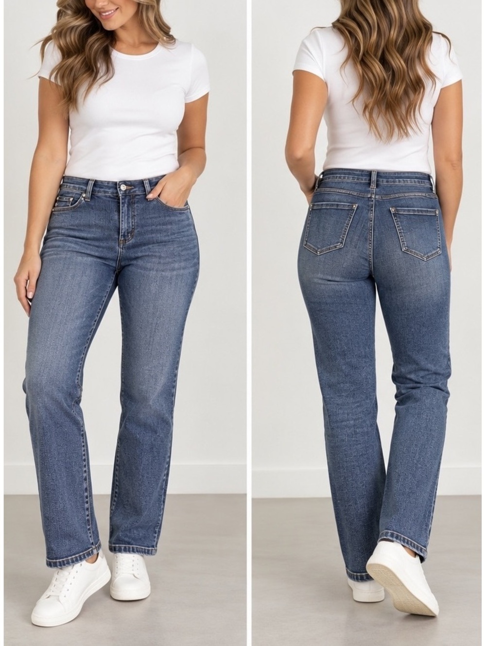 Joseph Ribkoff Jeans Women Size 12 Straight Leg Stretch Rhinestone Pearl Denim